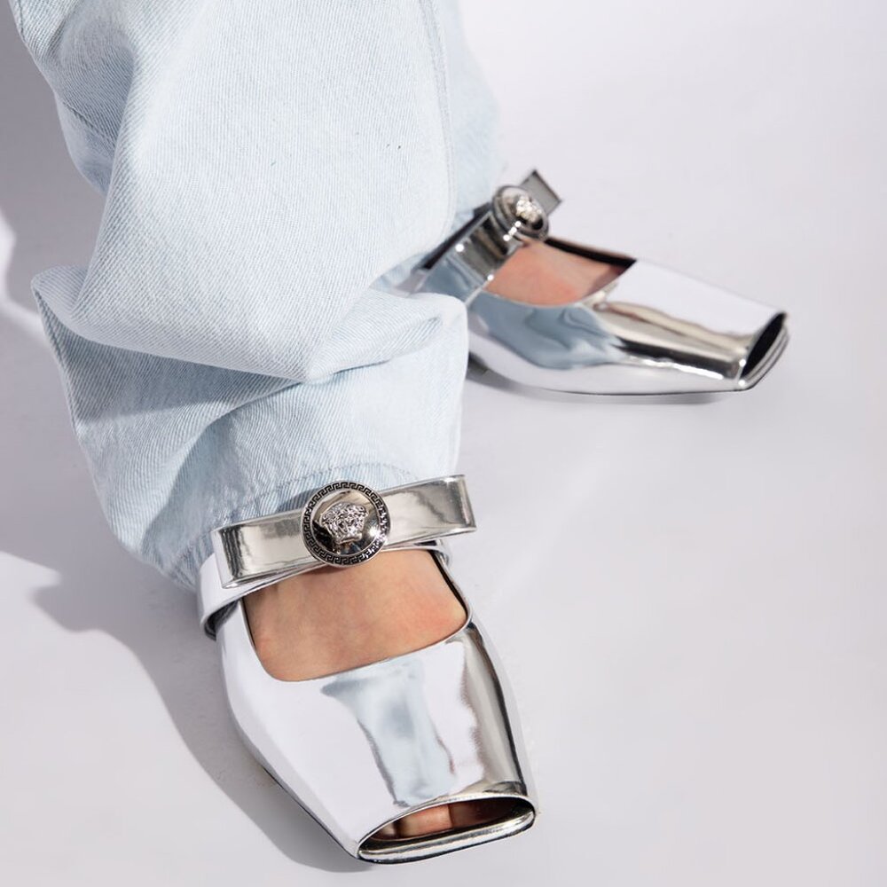 VERSACE Gianni Medusa Ribbon Mirrored Leather Open Toe Ballerina Flats Shoe